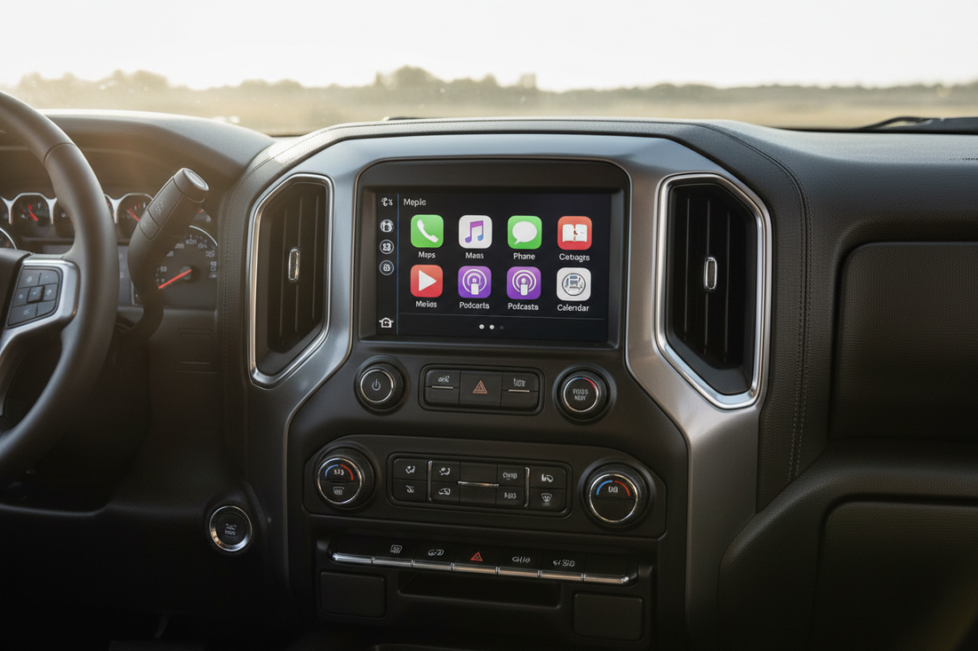 Chevrolet Silverado dashboard showing Apple CarPlay interface on infotainment screen
