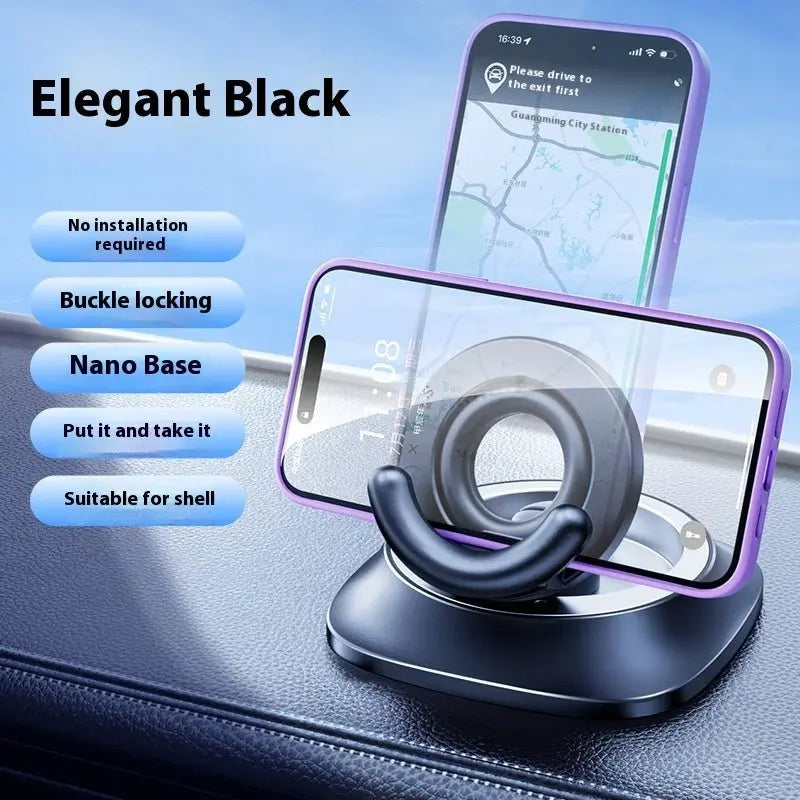 Homniva magnetic car phone holder in Elegant Black holding iPhone with navigation on car dashboard