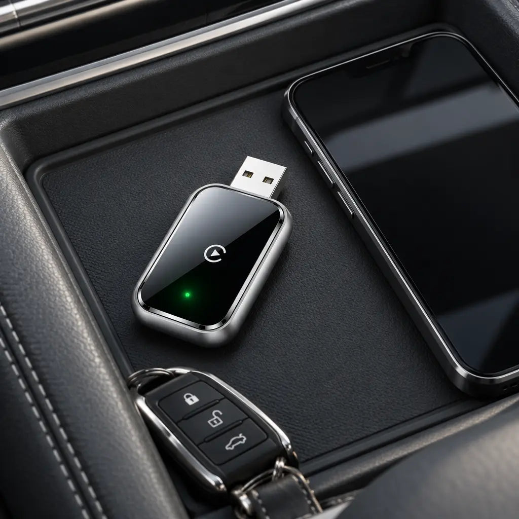 Homniva wireless CarPlay adapter in a car console tray beside a smartphone and car keys.