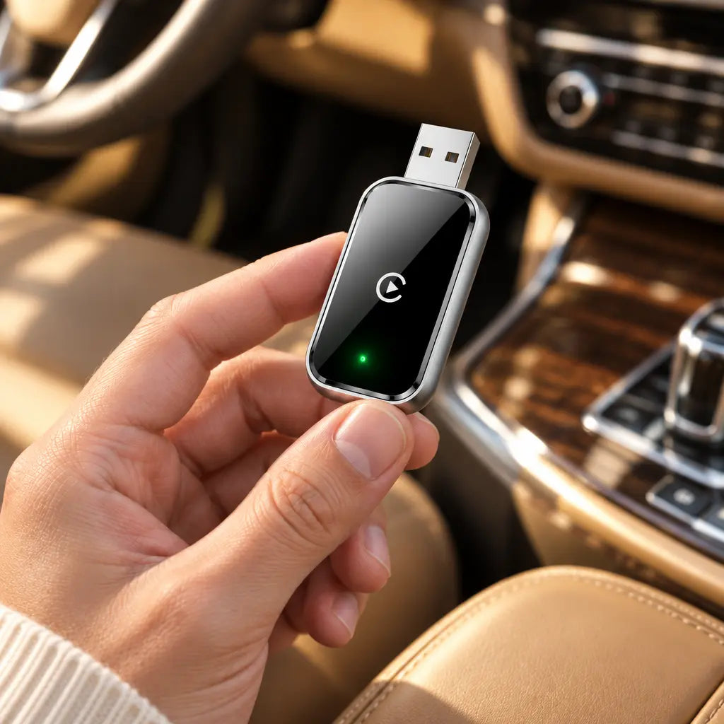 Hand holding the Homniva wireless CarPlay adapter inside a car with tan leather seats.