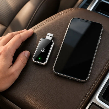 Homniva wireless CarPlay adapter beside a smartphone on a brown leather centre console.