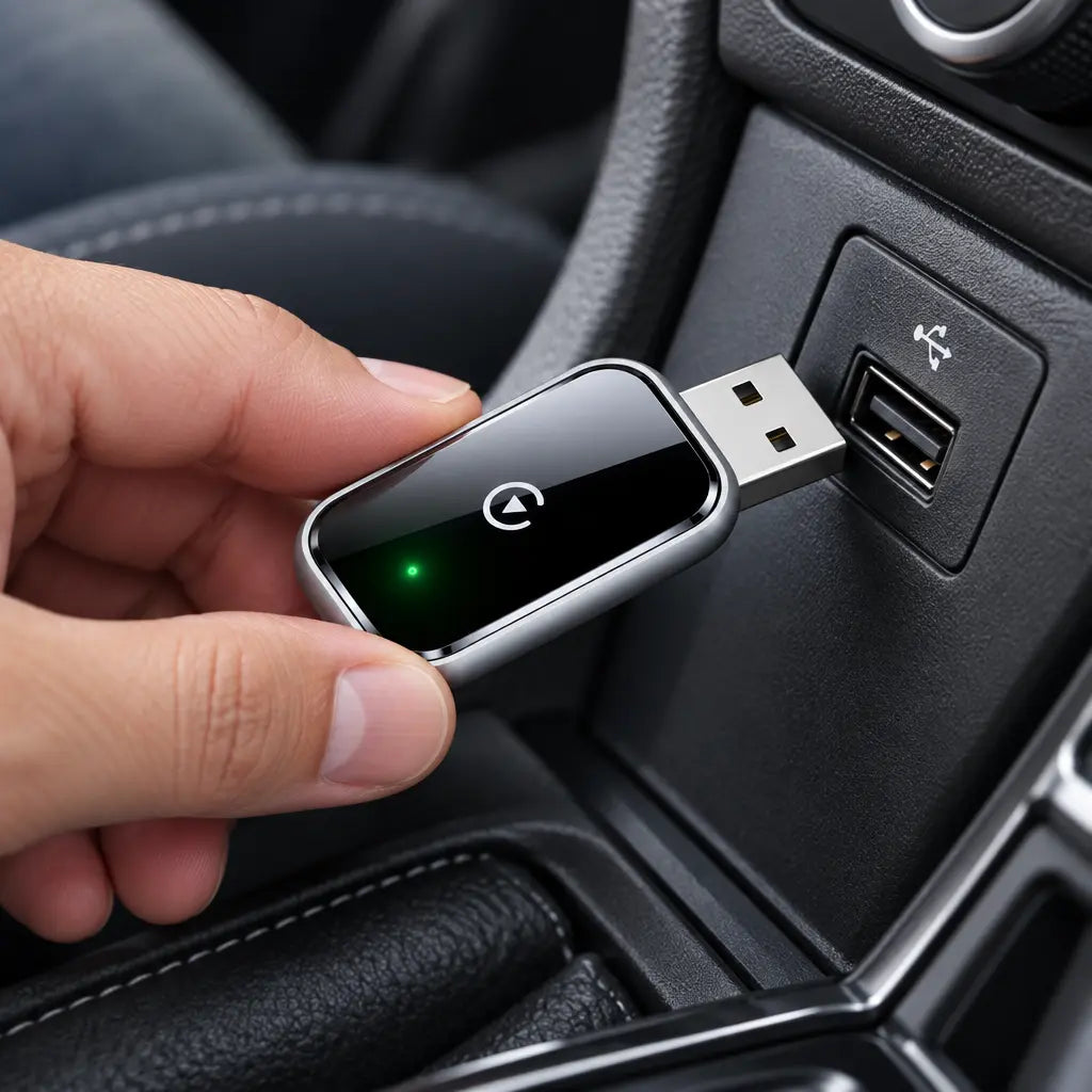 Hand positioning the Homniva wireless CarPlay adapter at a car’s USB-A port.