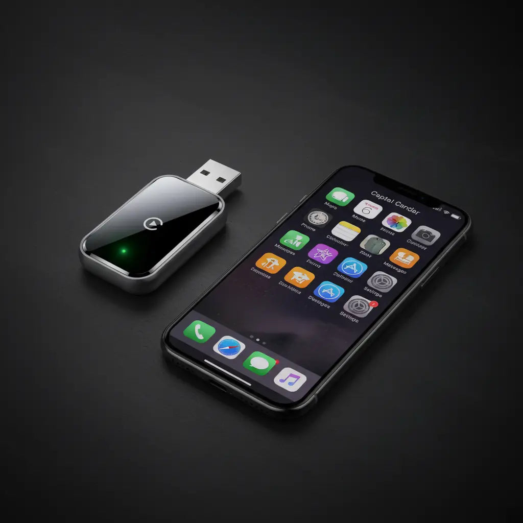 Homniva Wireless CarPlay Adapter next to iPhone showing Apple CarPlay home screen