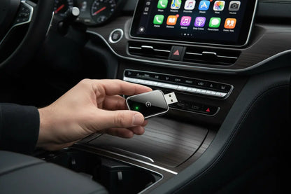 Homniva Wireless CarPlay Adapter plugged into car USB port