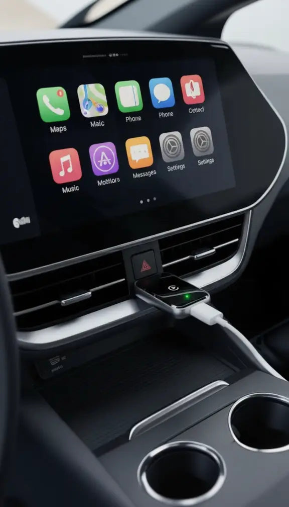 Homniva wireless CarPlay adapter connected in car center console with Apple CarPlay home screen on infotainment display