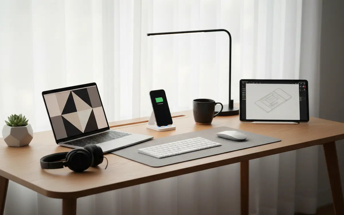 Modern desk setup with laptop, tablet, phone, keyboard, and mug in a bright room.