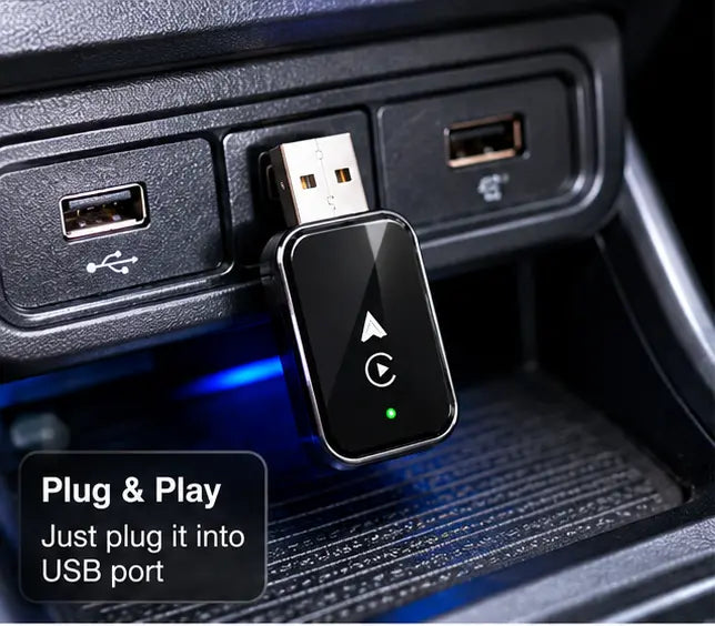 Homniva wireless carplay adapter being plugged into a car's USB port with text 'Plug & Play' and 'Just plug it into USB port'.