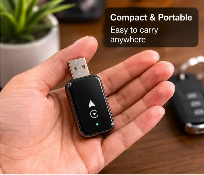 Homniva wireless carplay adapter held in a hand with text 'Compact & Portable, Easy to carry anywhere' on a wooden surface.