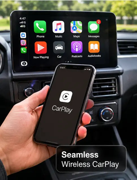 Hand holding a phone with CarPlay connection through Homniva wireless carplay adapter in front of a car's infotainment system.